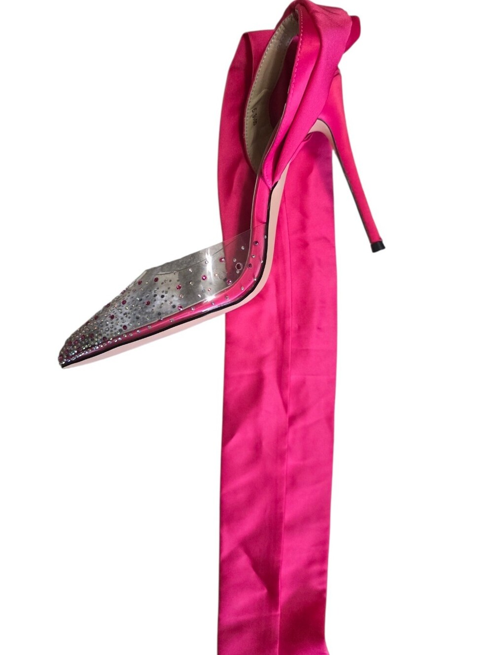 Miaou Hot Pink Satin Pointed Stiletto with Clear Rhinestone Toe
